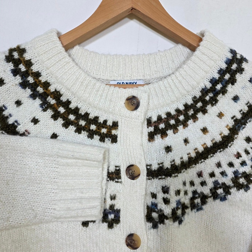 Old Navy Cardigan Womens L Cream Fair Isle Nordic Knit Button Front Sweater 9094
